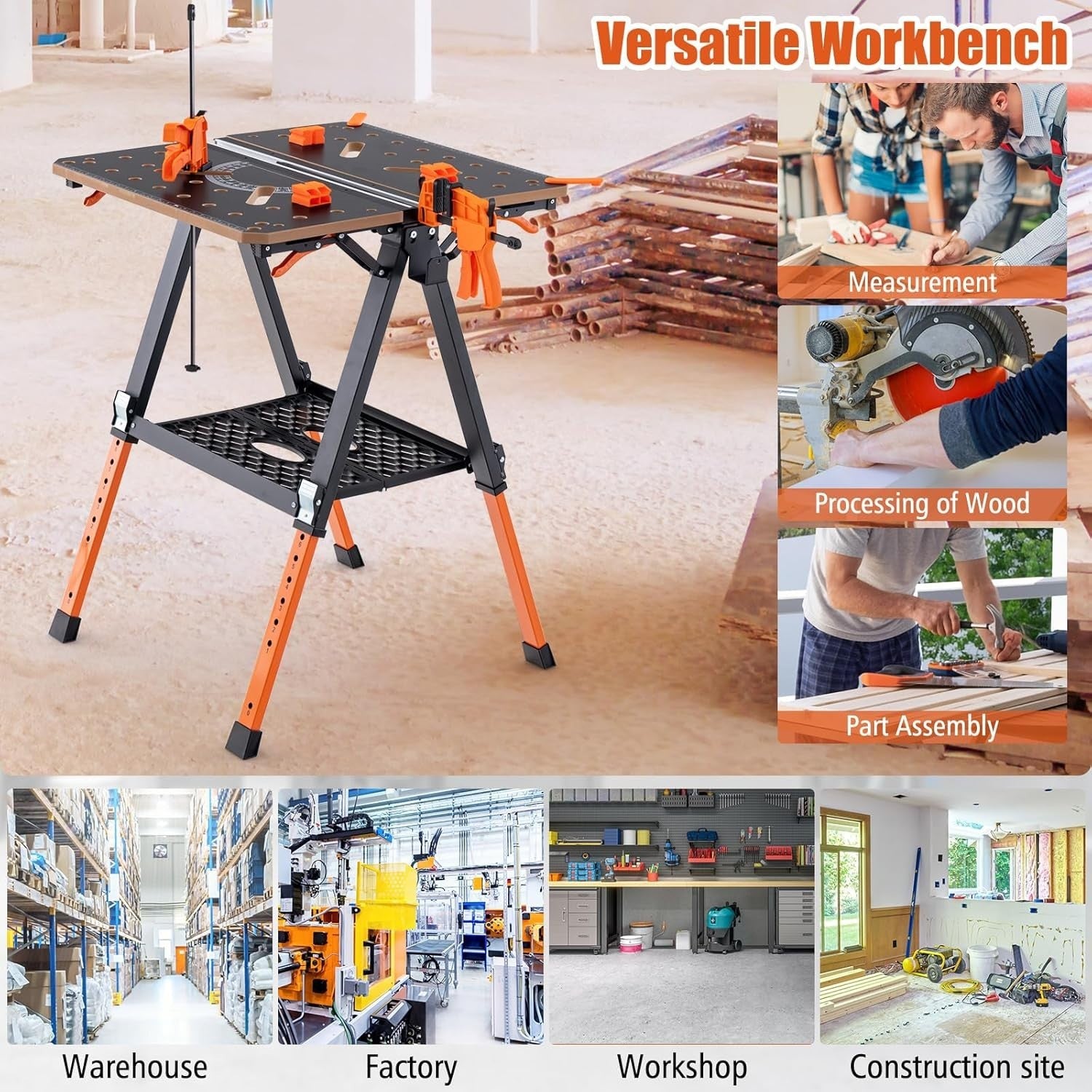 2-in-1 Folding Workbench & Sawhorse 8-Height 450kg Clamps Tool Stand 70x65