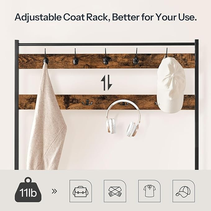 Industrial Coat Rack with Shoe Bench & 9 Hooks | Rustic Brown Hall Tree Organize