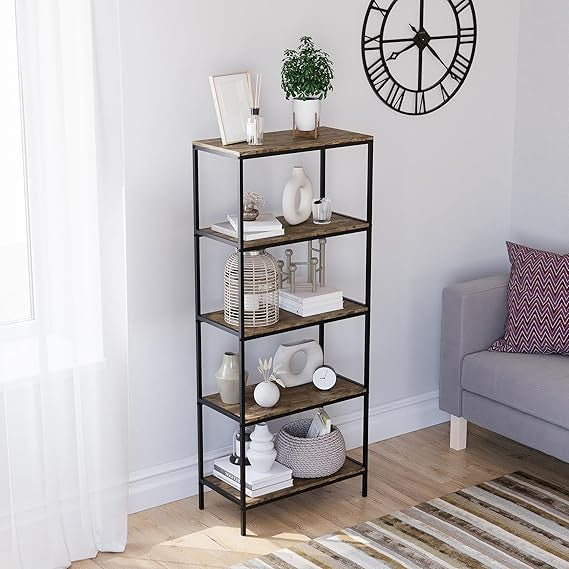 5 Tier Industrial Rustic Bookcase Shelving Unit Tall Display Storage Stand Dark