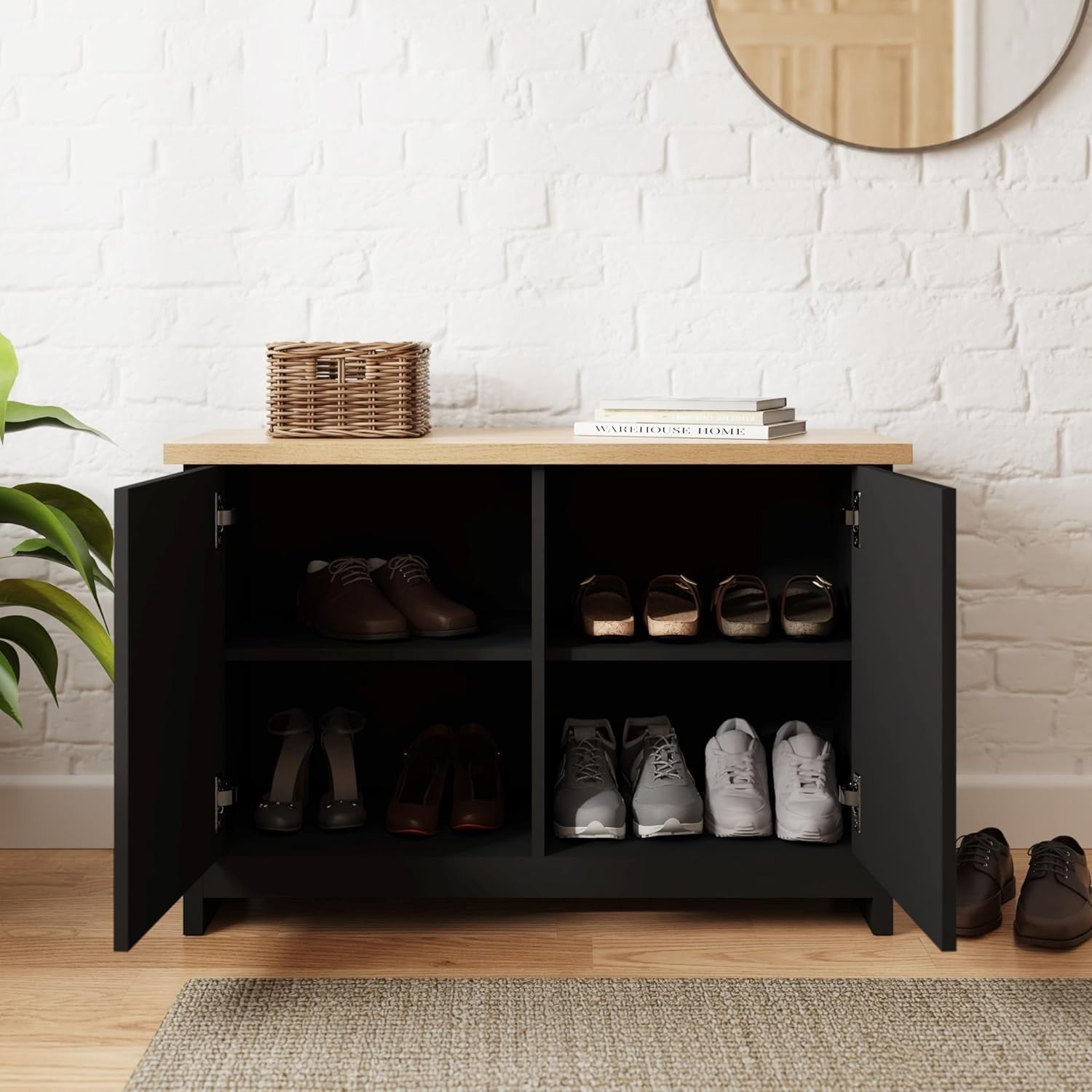 Black Shoe Storage Cabinet 4 Shelves with Oak Top Compact Sideboard