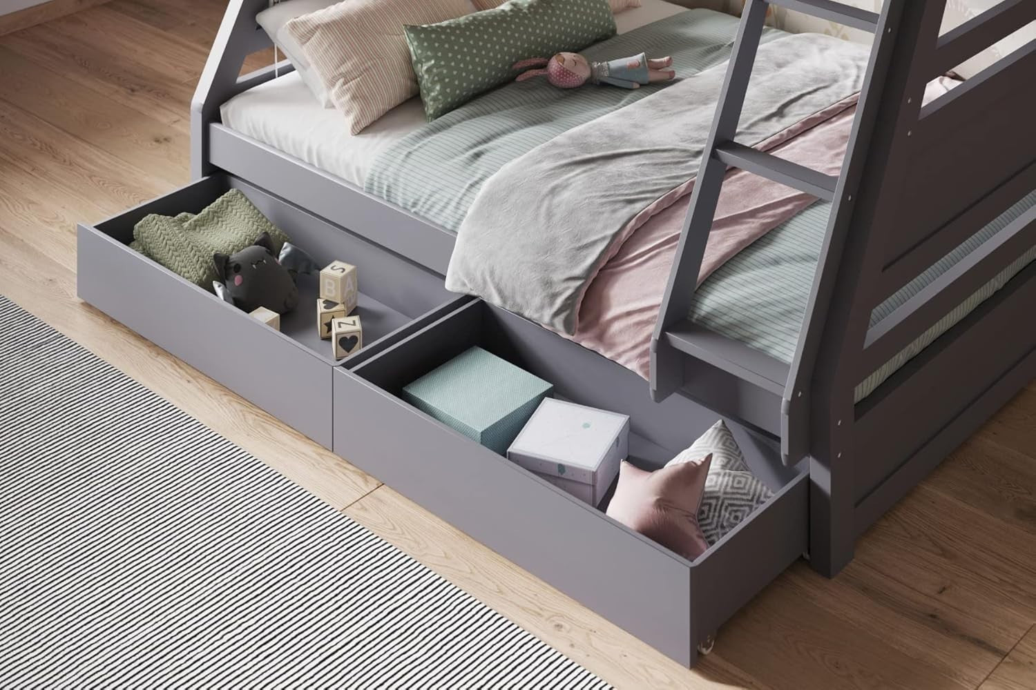 Triple Bunk Bed with Storage Drawers – Grey Wooden Kids Sleeper