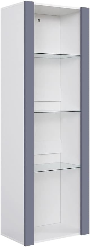 Tall Grey High-Gloss Display Cabinet with Glass Shelves & RGB LED Lighting Unit