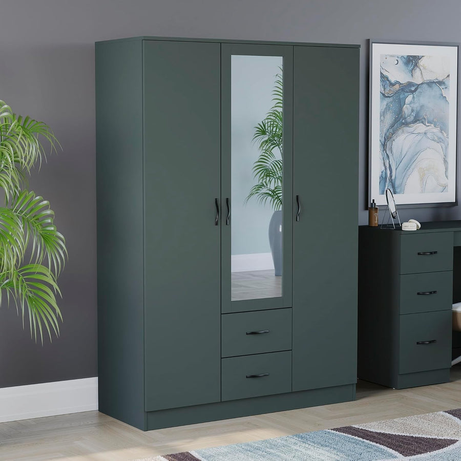 3 Door Mirrored Wardrobe with Hanging Rail & Adjustable Shelf Storage