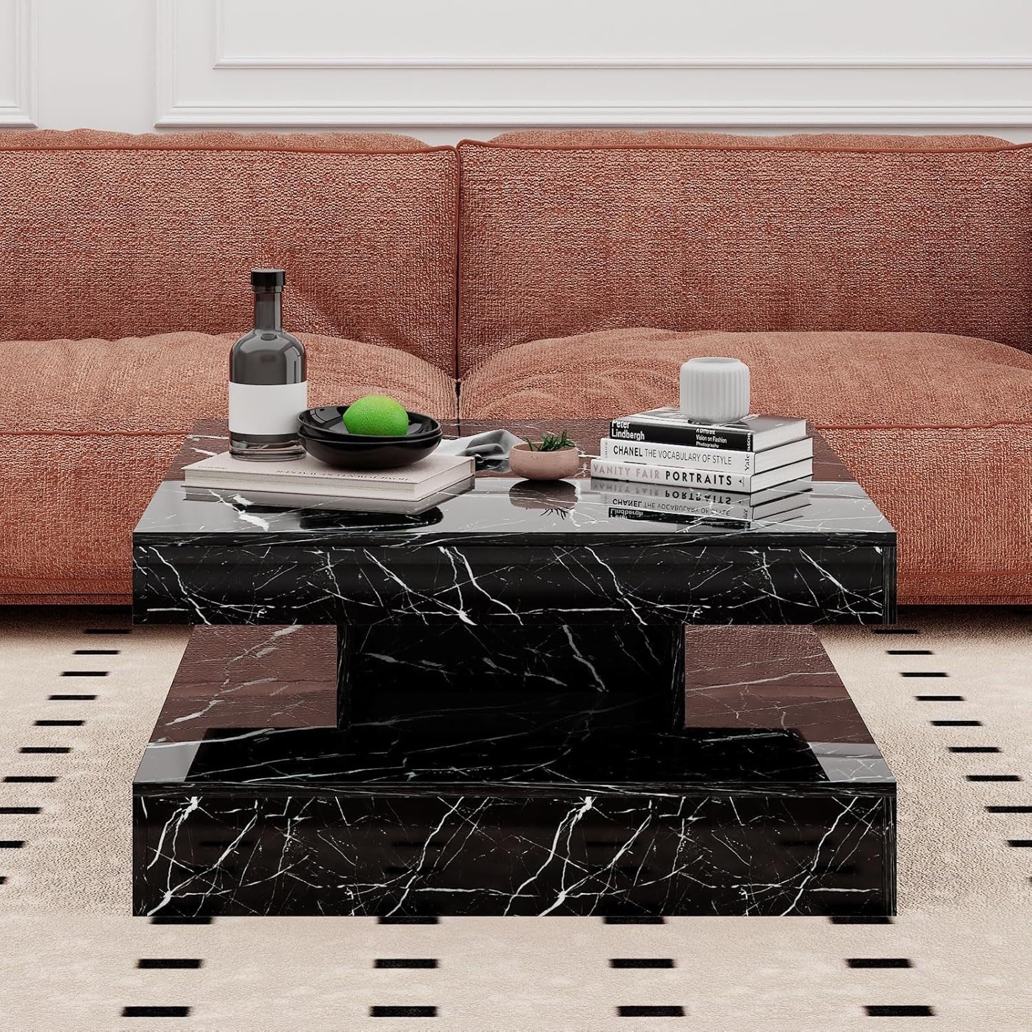 Black Marble LED Coffee Table with Storage, 2-Tier Square 78x78cm