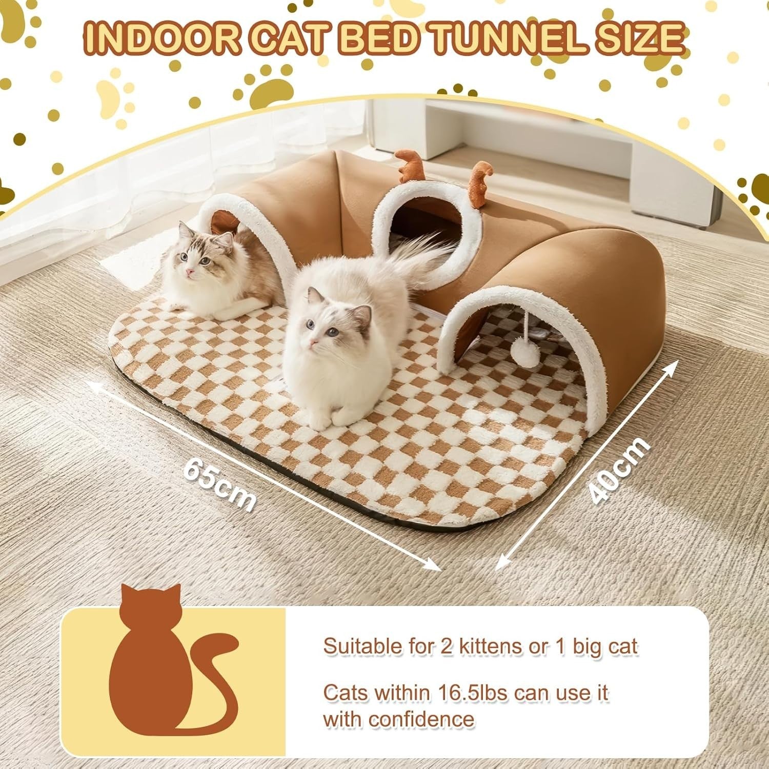 U Shape Cat Tunnel Bed 65x40cm Memory Foam Thermal Fleece Cave