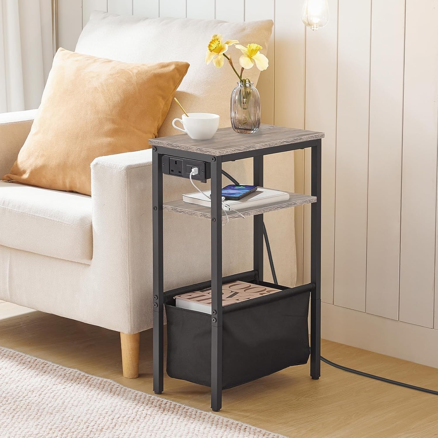 Slim Charging Side Table with USB Ports & Power Outlet, Greige Storage
