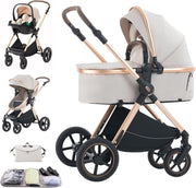 Cream 3in1 Baby Pram Travel System Foldable Pushchair Adjustable Handle 22kg