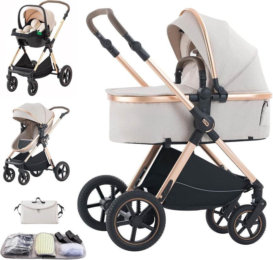 Cream 3in1 Baby Pram Travel System Foldable Pushchair Adjustable Handle 22kg