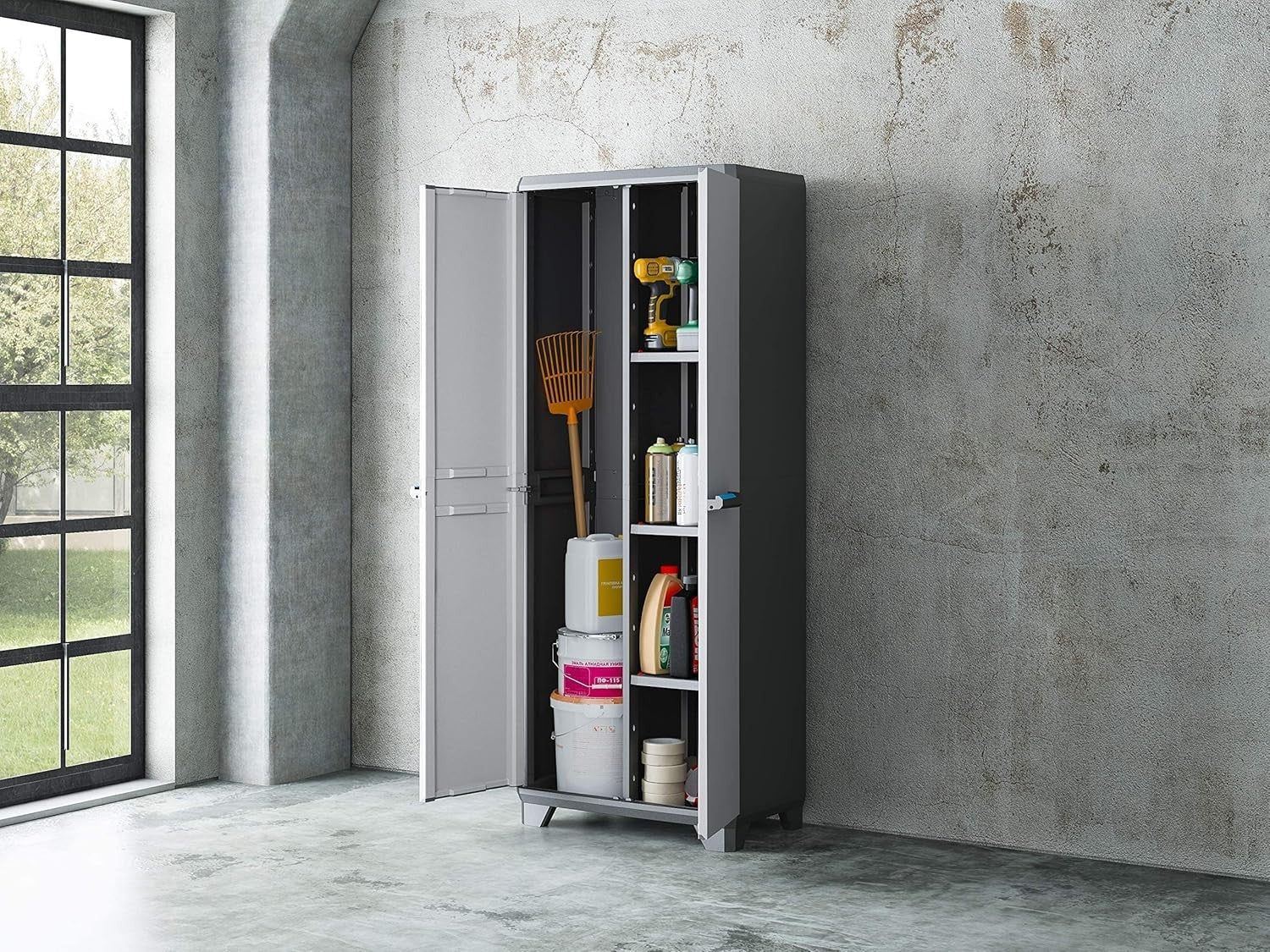 Tall Plastic Utility Cupboard with Adjustable Shelves for Garage Storage