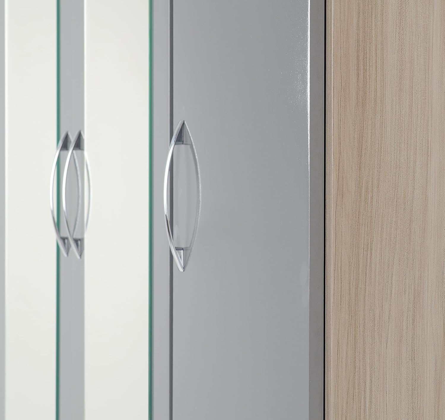 3 Door 2 Drawer Wardrobe Grey Gloss & Light Oak Effect Mirror Storage Unit