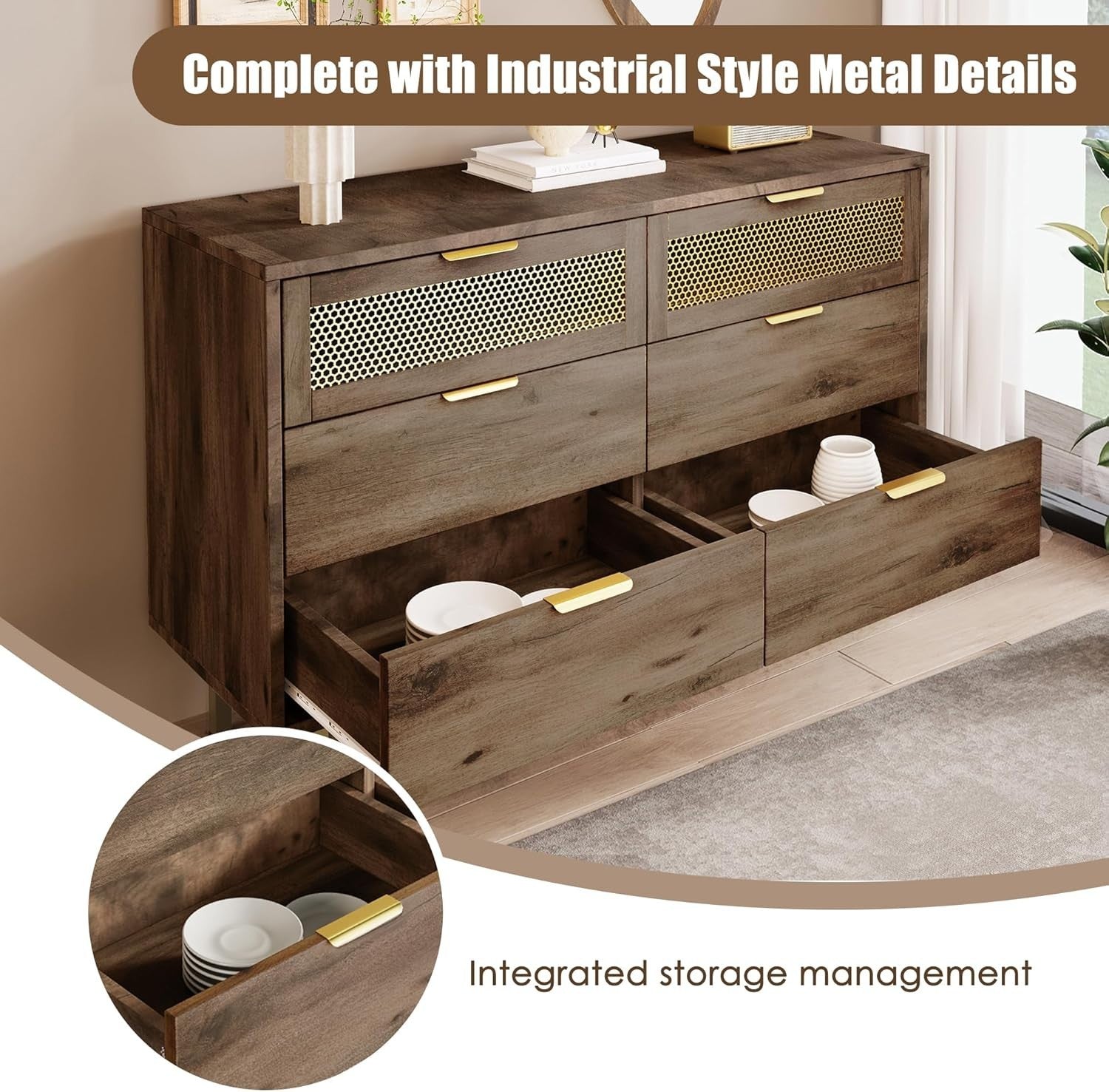 Wood Sideboard Cabinet 120cm 6 Drawer Storage Unit Metal Legs Modern Hallway