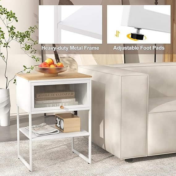 Modern Flip-Door Bedside Tables Set of 2 – Metal Frame Nightstands with Storage