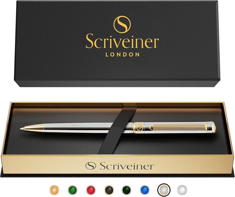 Luxury Silver Chrome Ballpoint Pen Gold Trim Medium Black Ink