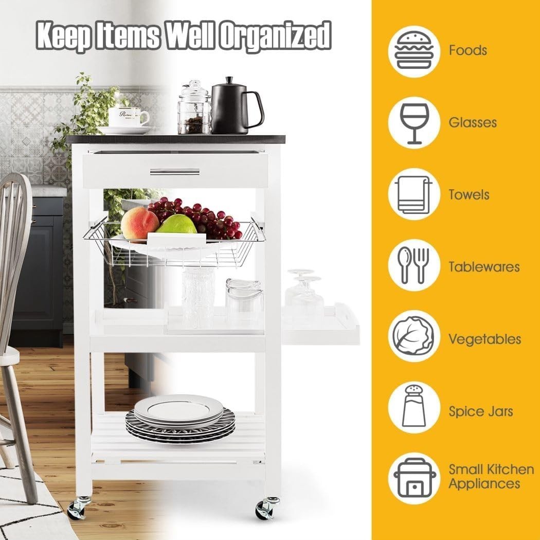 4 Tier Kitchen Trolley Stainless Steel Top Cart White