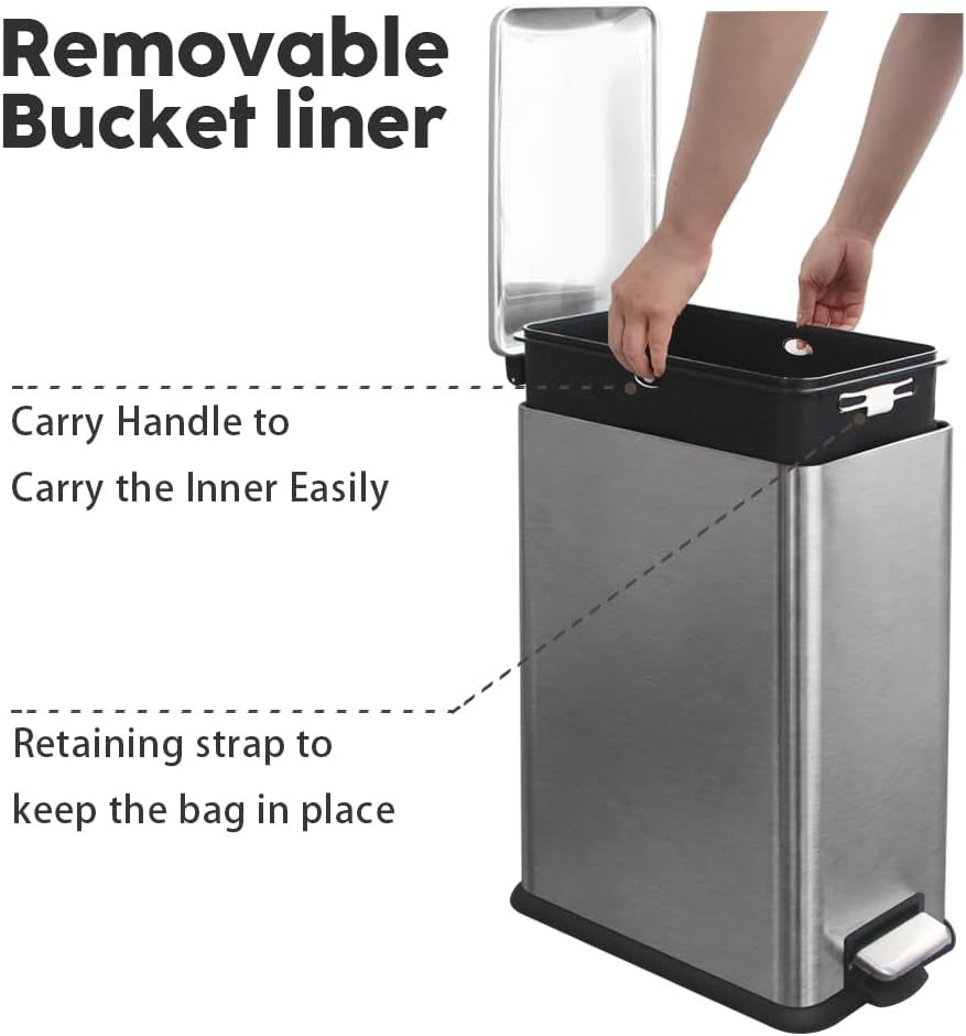30L Stainless Steel Pedal Bin Slim Kitchen Trash Can Soft Close Grey
