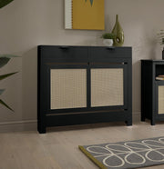 Black Radiator Cover Cabinet with Rattan Panels Storage Drawers & Shelf, Medium