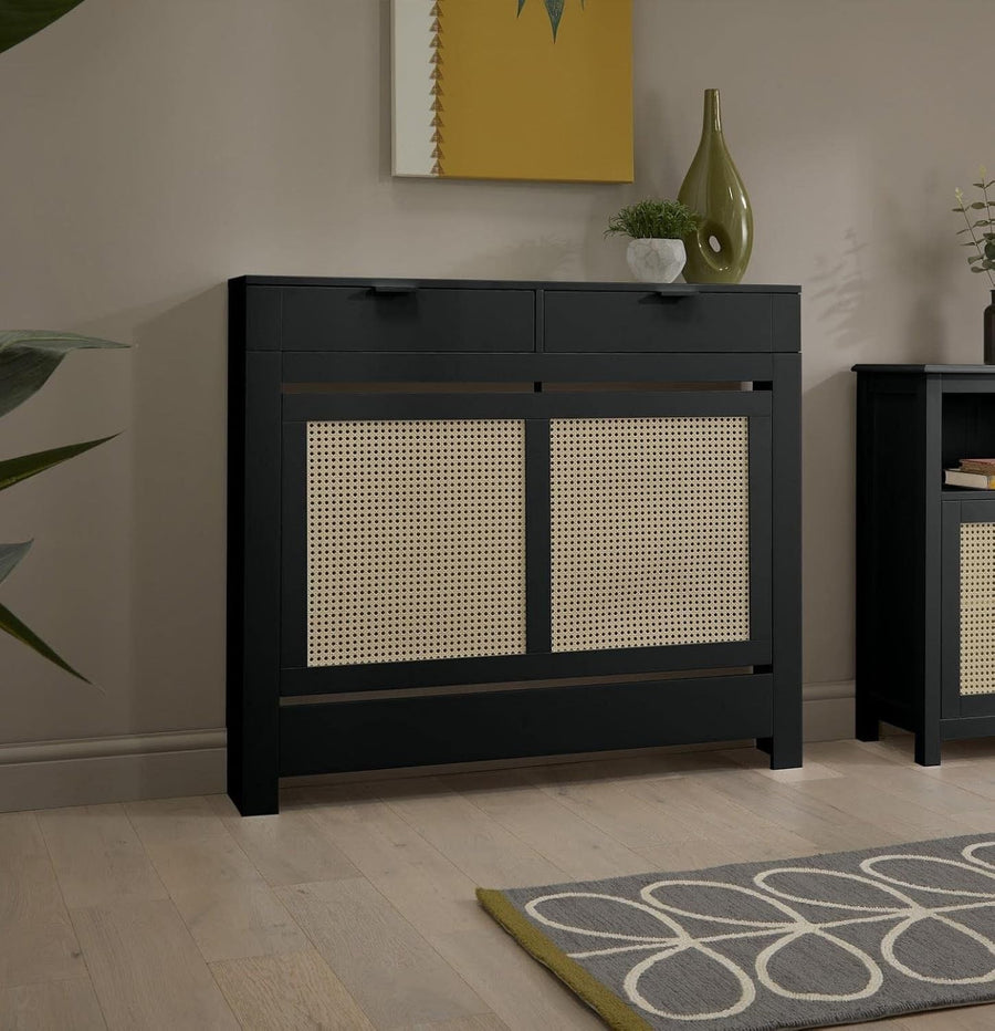 Black Radiator Cover Cabinet with Rattan Panels Storage Drawers & Shelf, Medium