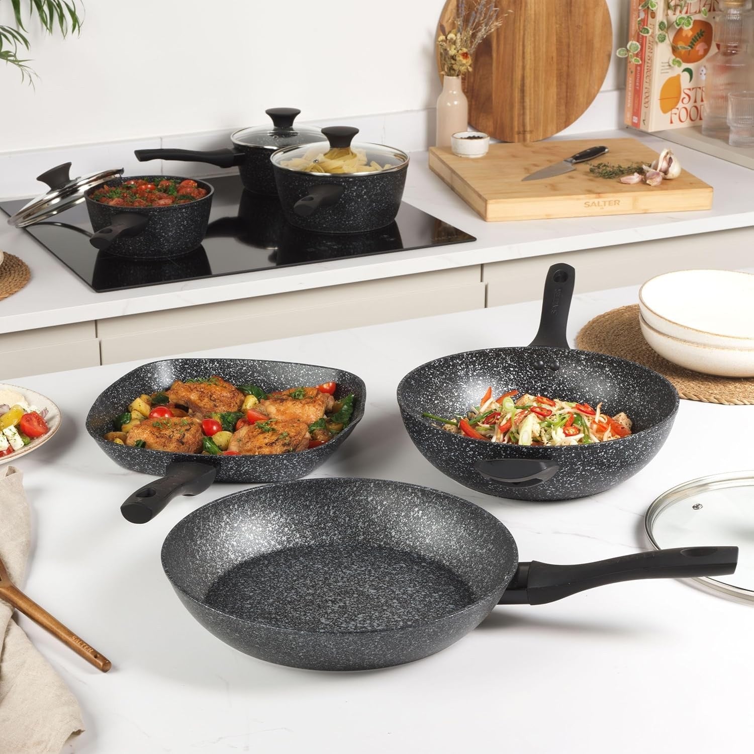 5 Pcs Granite Non Stick Pot & Pan Set with Tempered Glass Lid Induction Suitable