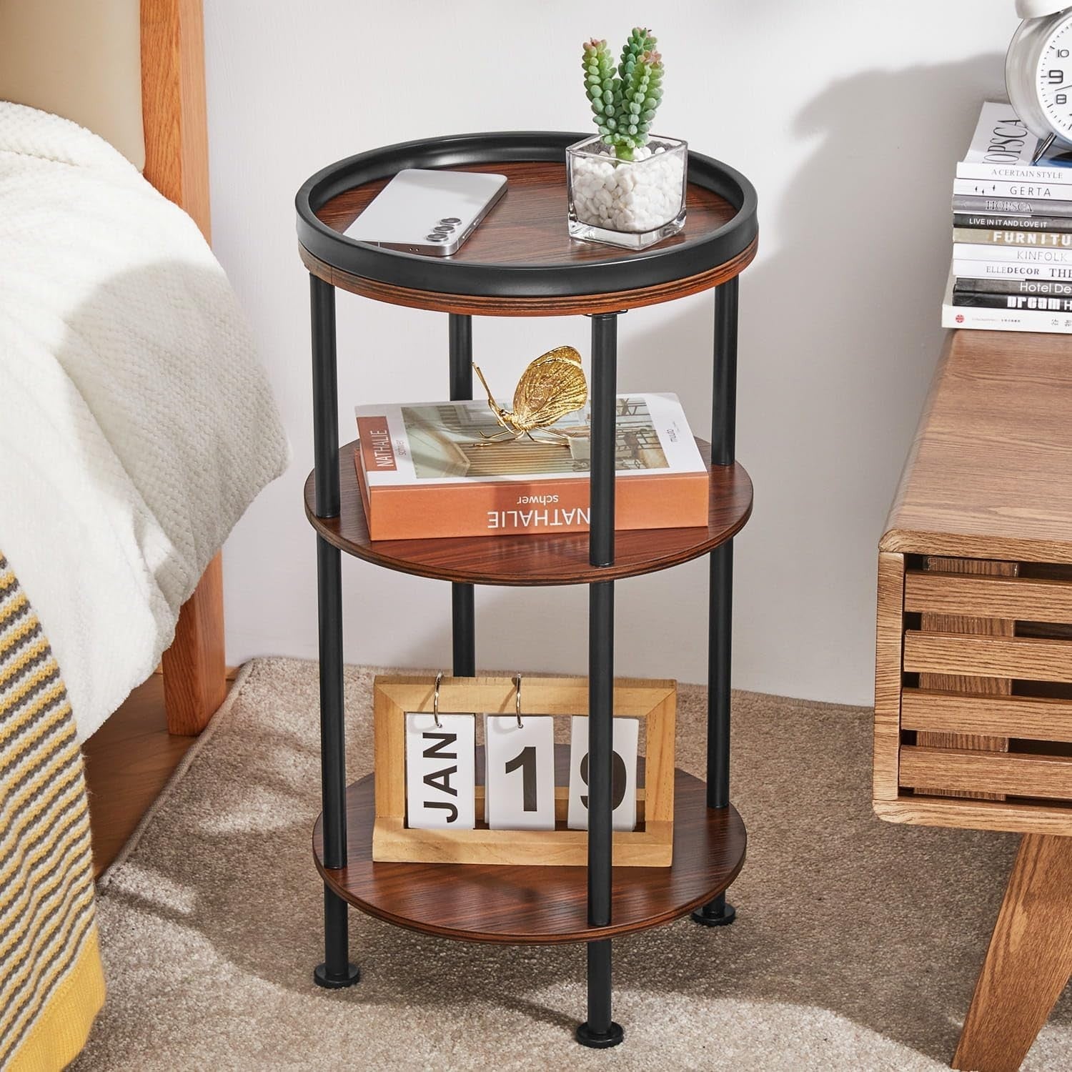 3 Tier Round Side Table with Storage Shelf Metal Frame Small Space Cherry 30x55
