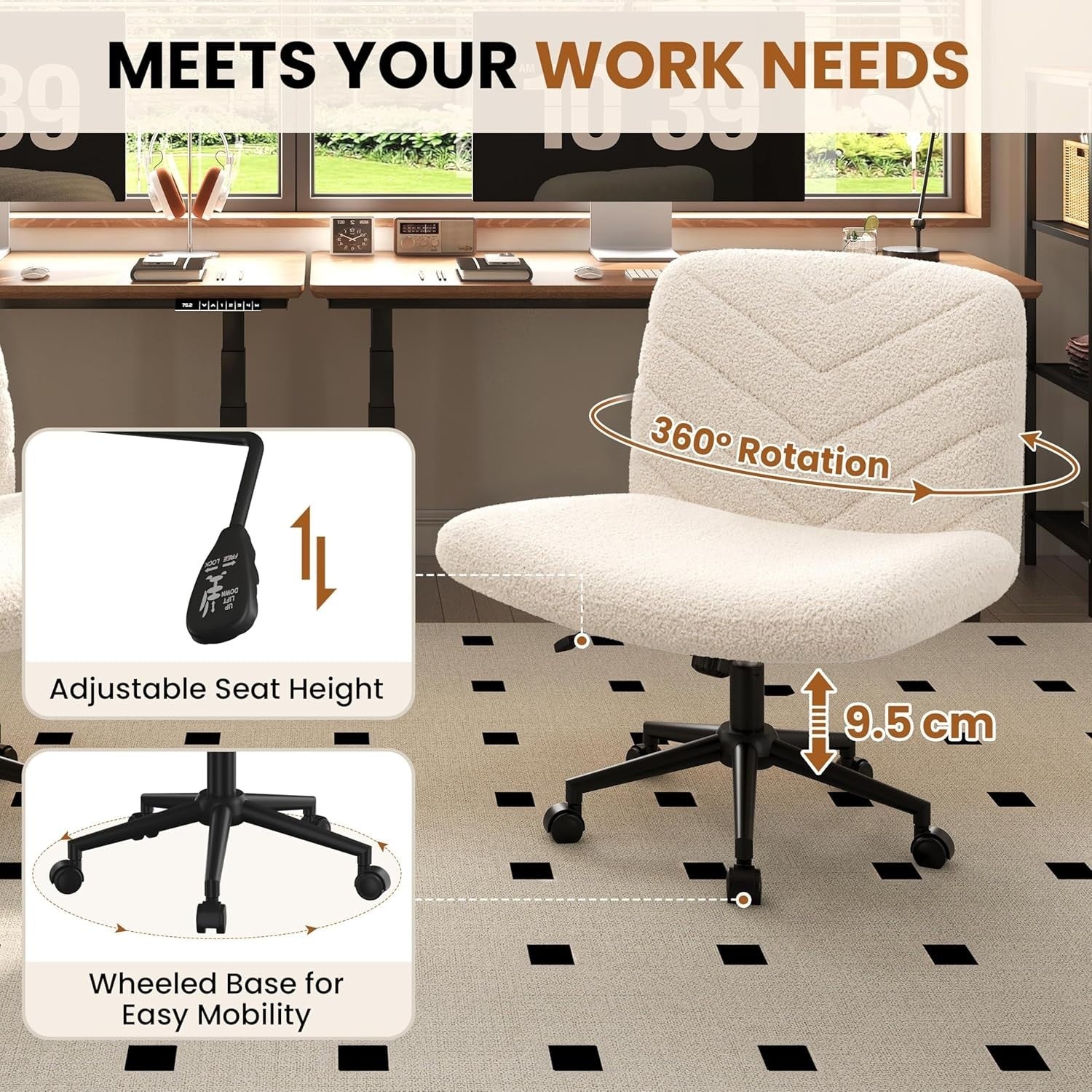 Adjustable Home Office Desk Chair Ivory Armless Swivel Extra-Wide Padded Seat