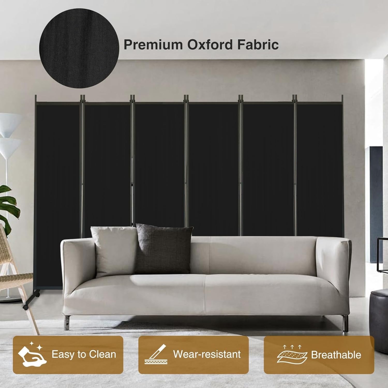 6 Panel Black Folding Room Divider on Wheels Privacy Screen 290x180cm