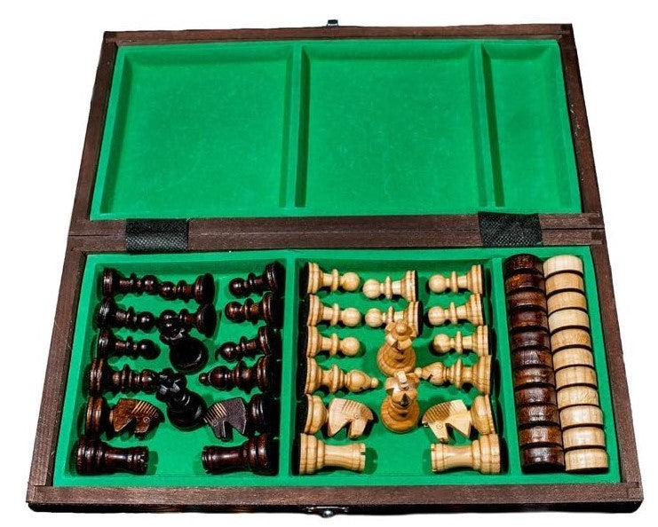 35cm Wooden Chess Set Handcrafted Cherry Wood Board & Draughts Game