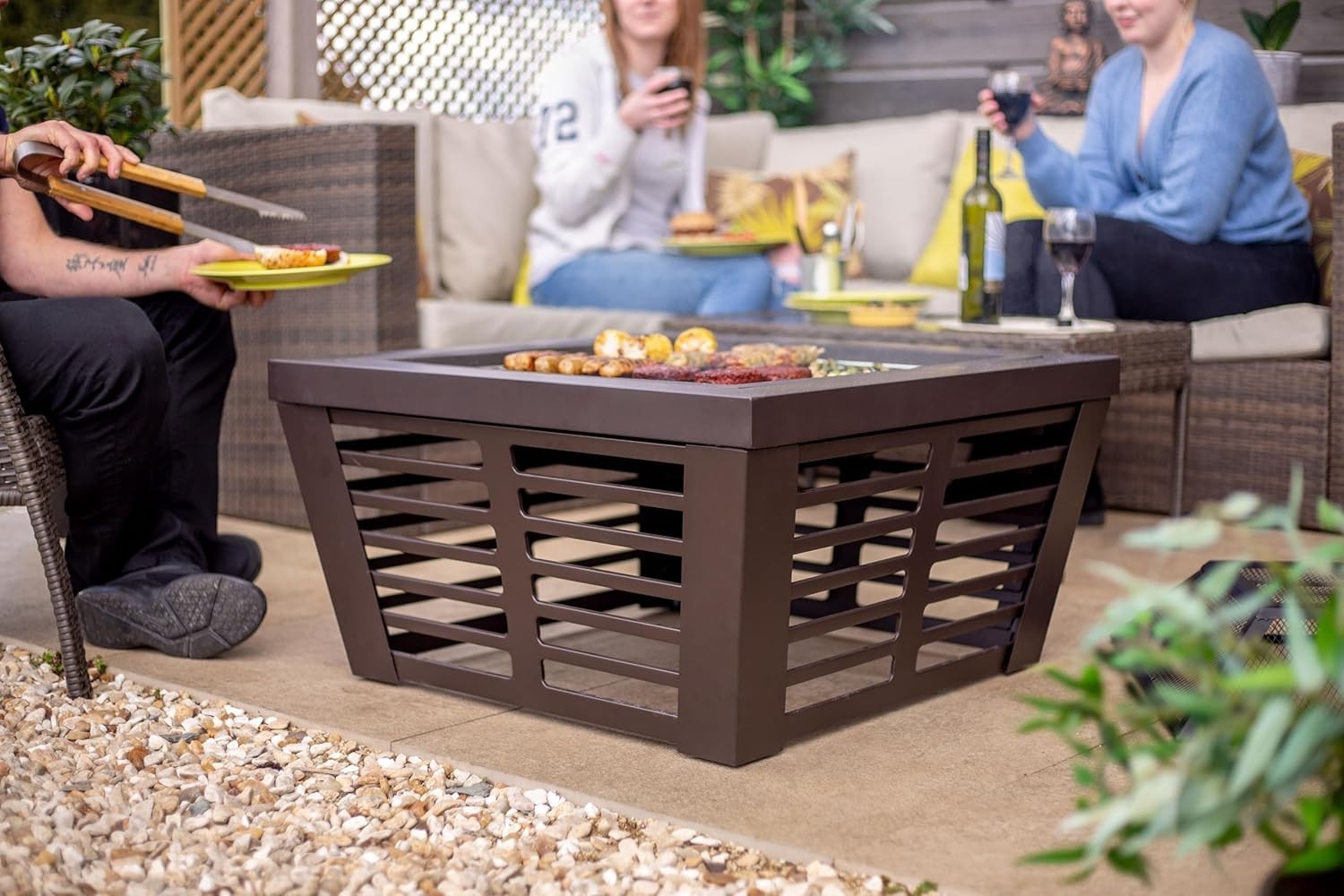 XL Outdoor Fire Pit with BBQ Grill 75cm Patio Heater Garden Wood Burner Square
