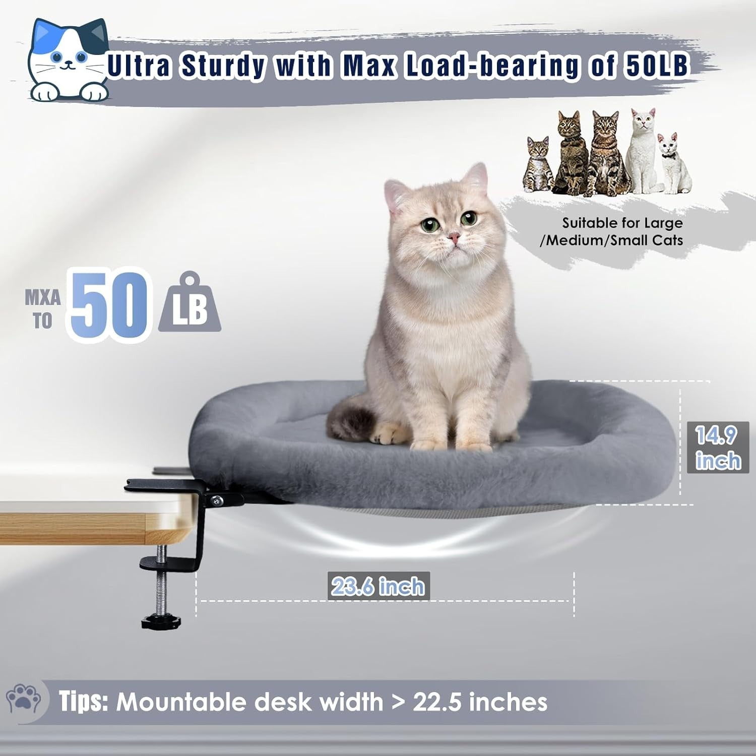 Foldable Desk Cat Bed Plush Cat Hammock Heavy Duty Cat Perch