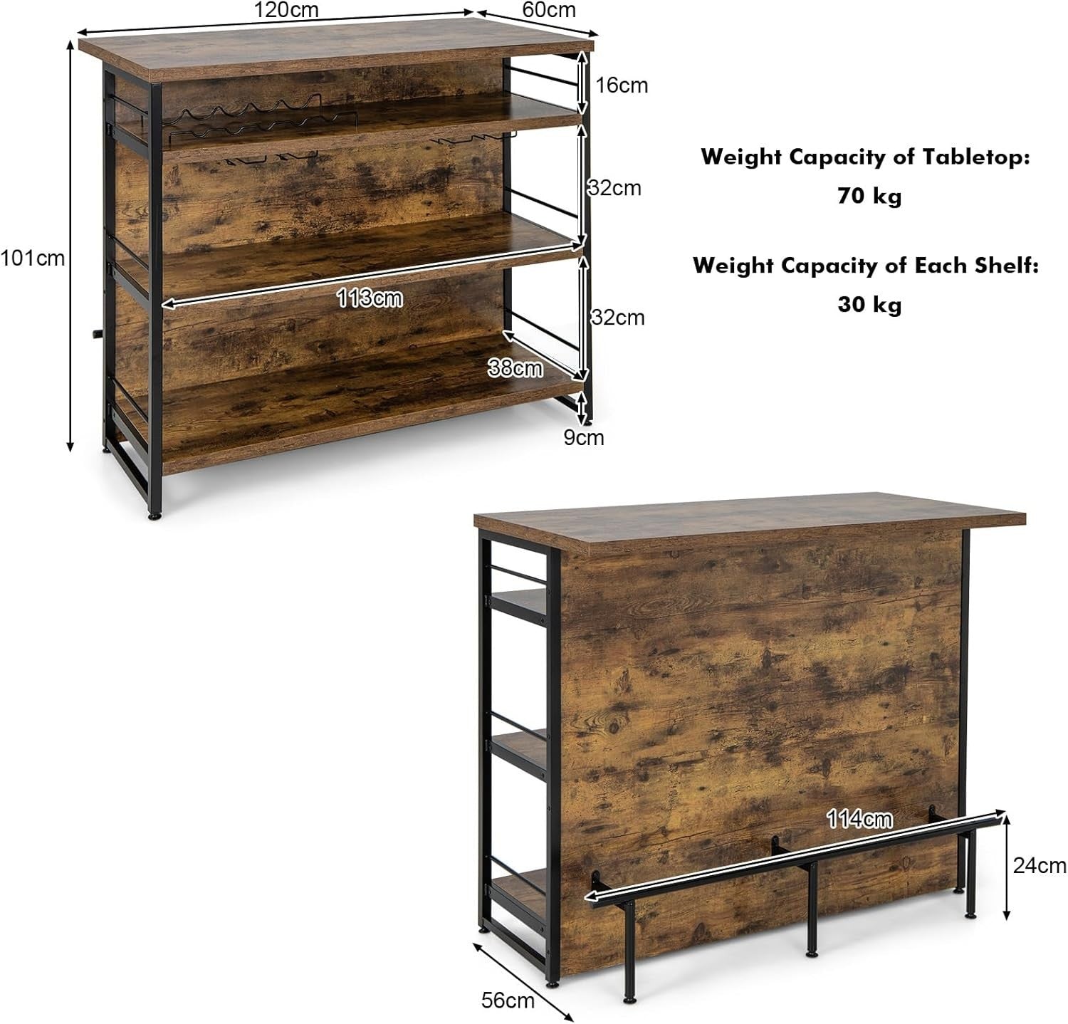 Industrial Kitchen Island Bar Table with Wine Rack & Shelves Home Counter Unit