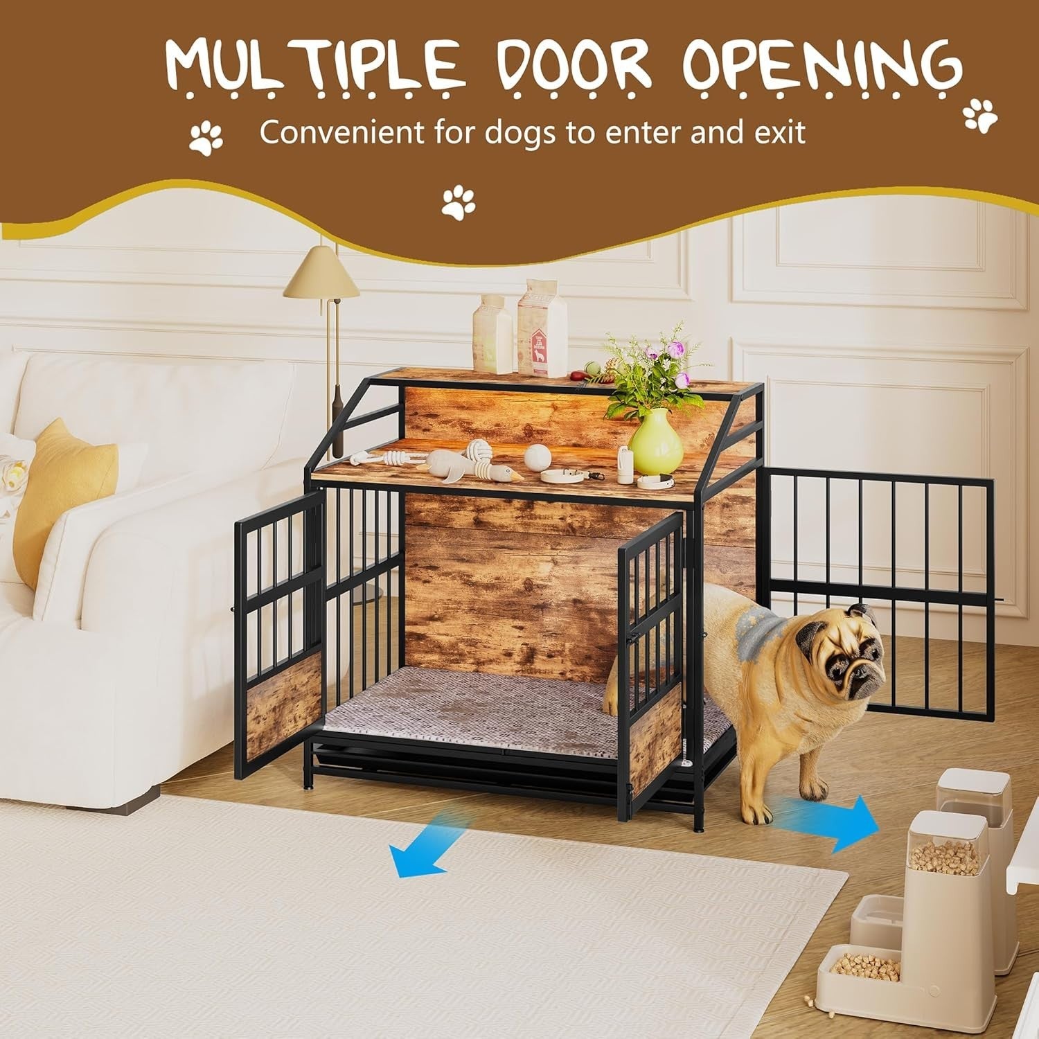 Rustic Dog Crate Furniture with LED Light & Removable Tray – Medium Size