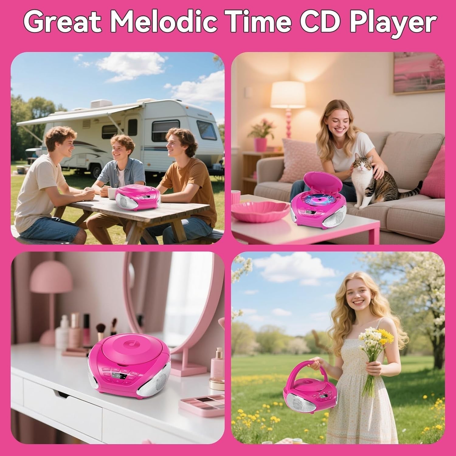 Portable CD Player Boombox Speakers FM Radio AUX Headphone Jack Pink