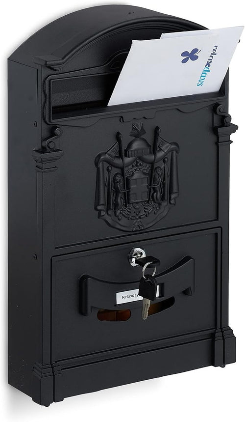 Vintage Wall Mounted Letterbox Black Steel Lockable Mailbox Secure & Stylish