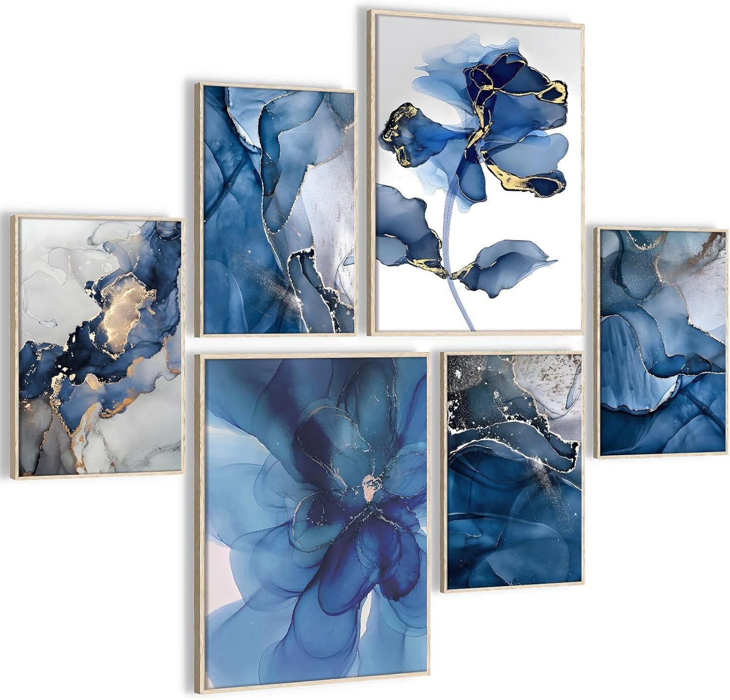 Blue Gold Floral Canvas Wall Art Set 6Pcs Framed 12x16in