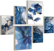 Blue Gold Floral Canvas Wall Art Set 6Pcs Framed 12x16in