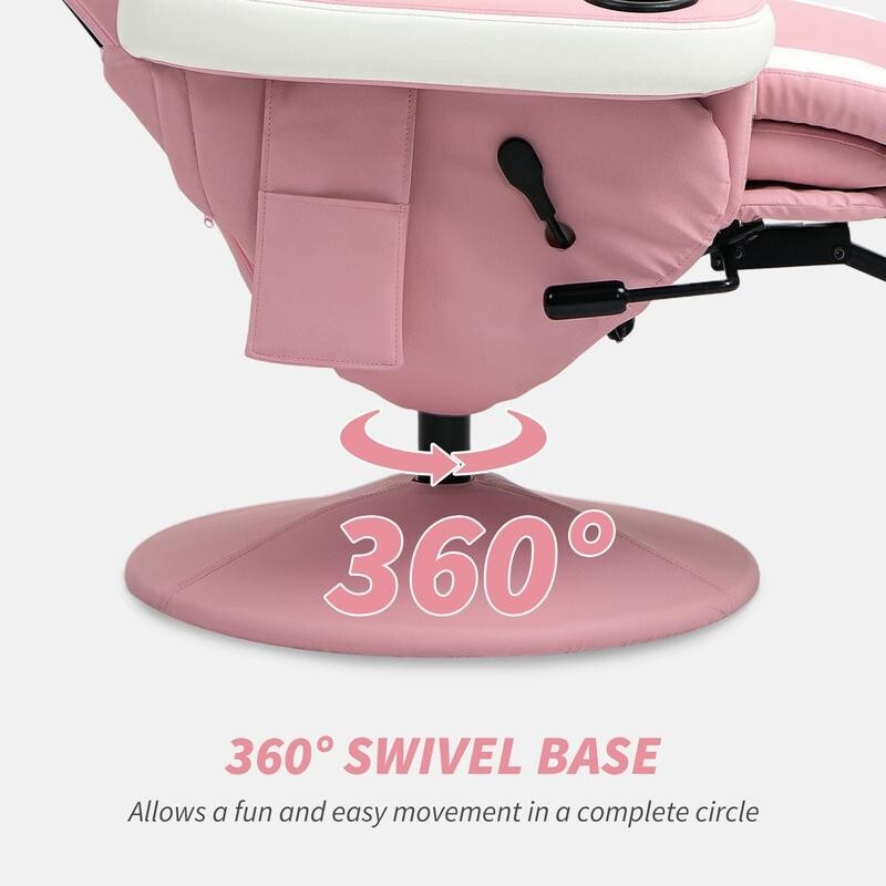 Pink Gaming Recliner Chair 360° Swivel PU Leather Seat w/ Footrest & Cups