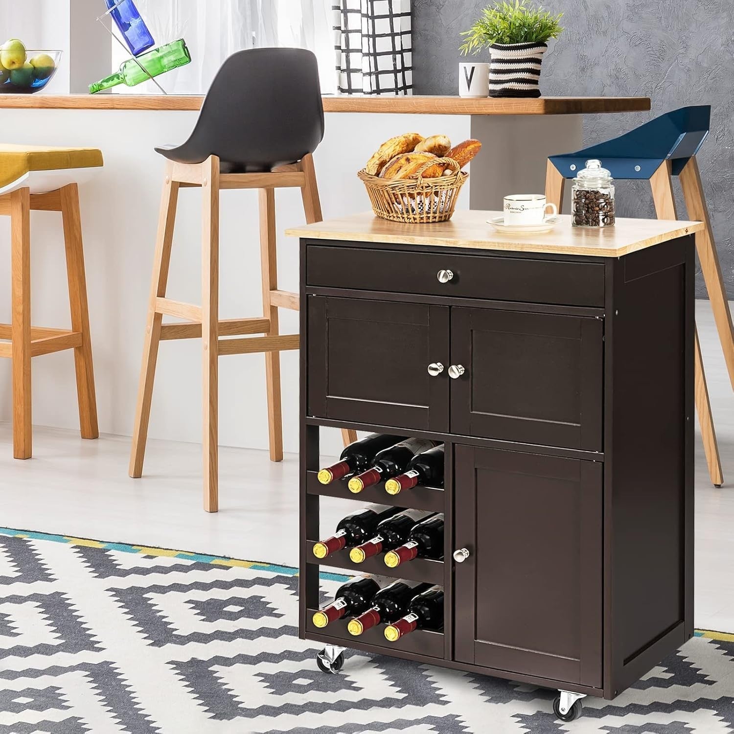 67x37x86cm Brown Kitchen Island Trolley Wine Rack