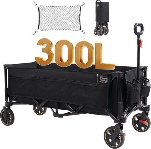 Black 300L Extended Folding Camping Wagon 160kg Heavy Duty Trolley with Brakes