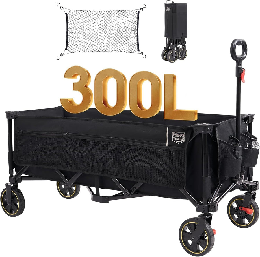Black 300L Extended Folding Camping Wagon 160kg Heavy Duty Trolley with Brakes