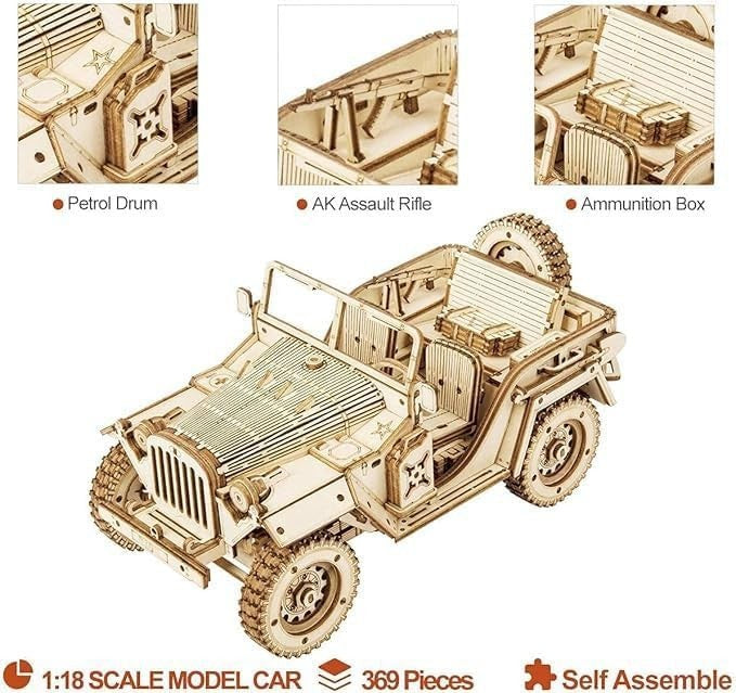 3D Wooden Jeep Puzzle Model Kit for Adults – Laser Cut, Military Design