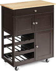 Rolling Kitchen Serving Trolley Cart with Drawer, Wine Rack & Cabinets, Brown