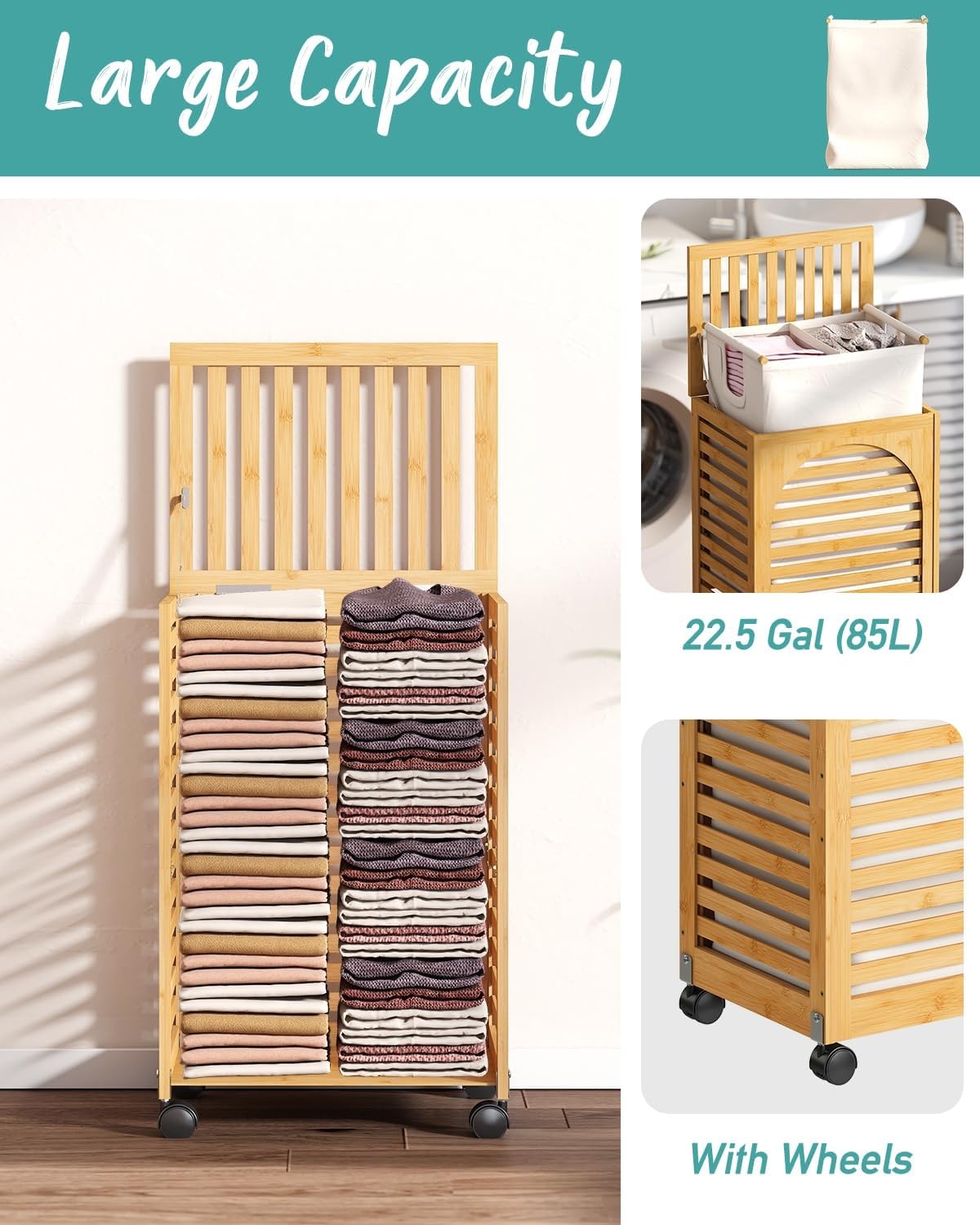 85L Natural Bamboo Laundry Hamper on Wheels 2 Section Basket with Lid & Liner