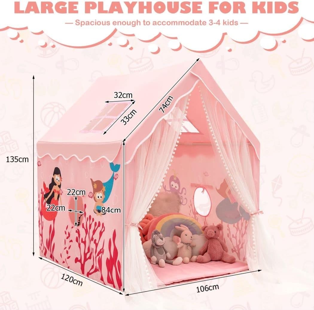 Pink Kids Castle Playhouse Tent Indoor Outdoor w Mat Windows Gift