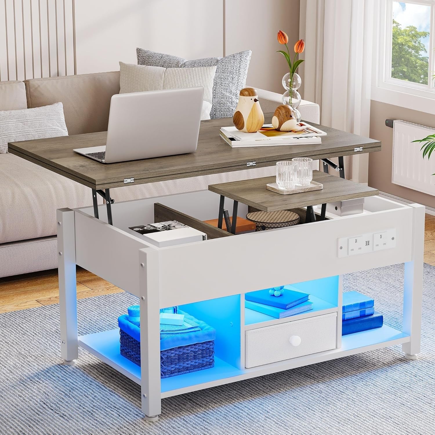 Lift Top Coffee Table with Storage, LED Lights, USB & Outlets, White Grey