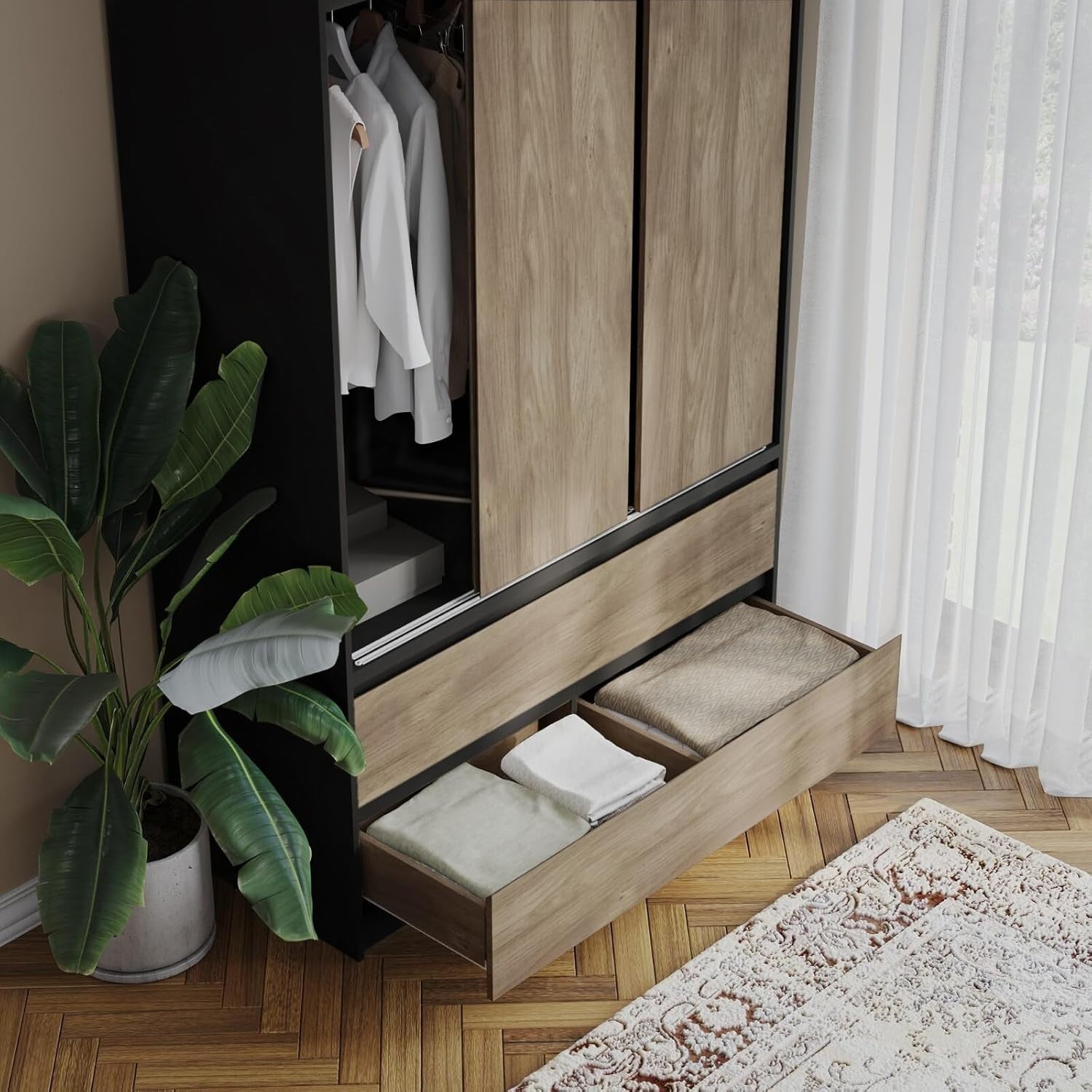 Oak Sliding Door Wardrobe 6 Doors 4 Drawers 240cm Modern Bedroom Closet