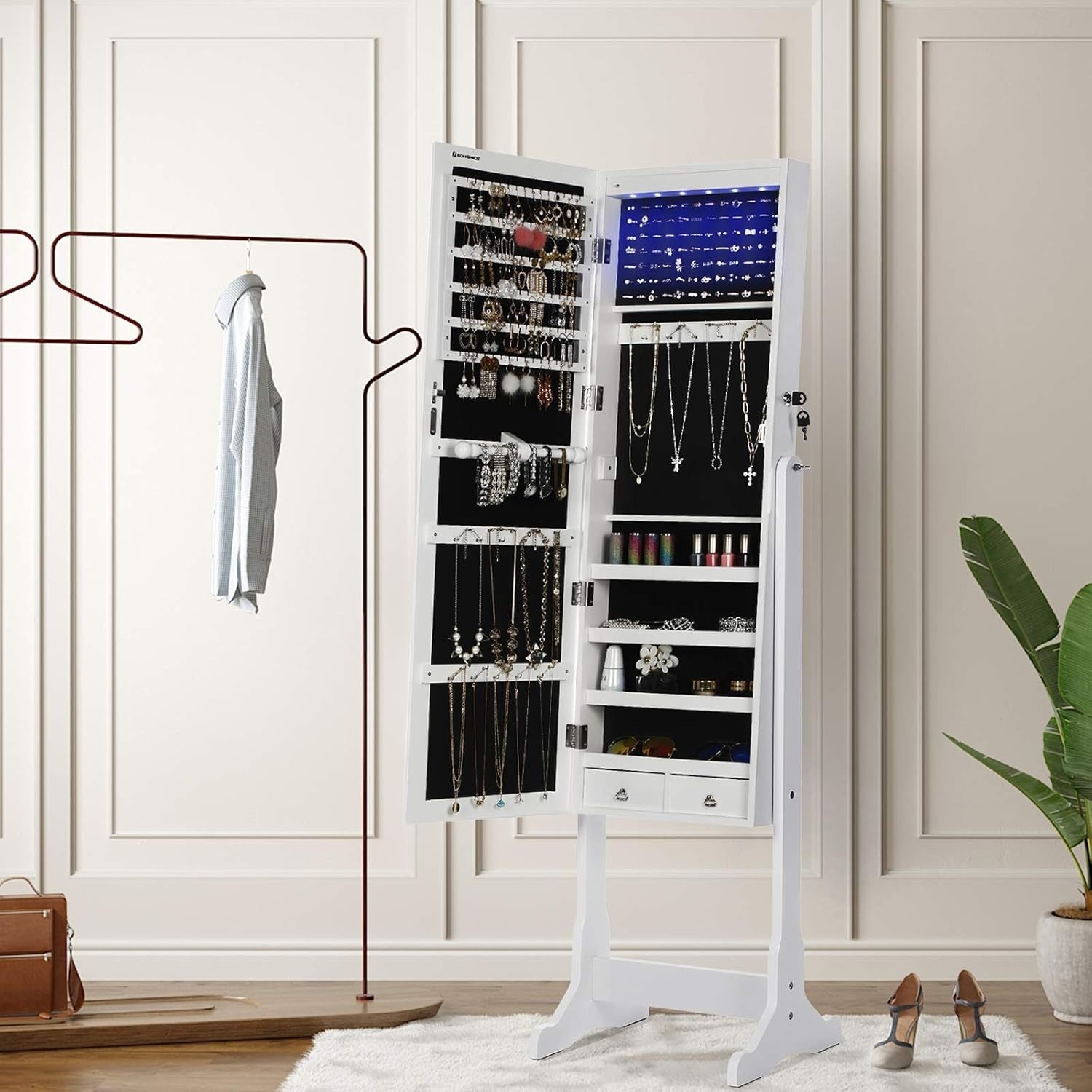 LED Full Length Mirror Jewelry Cabinet Lockable Standing Organizer White