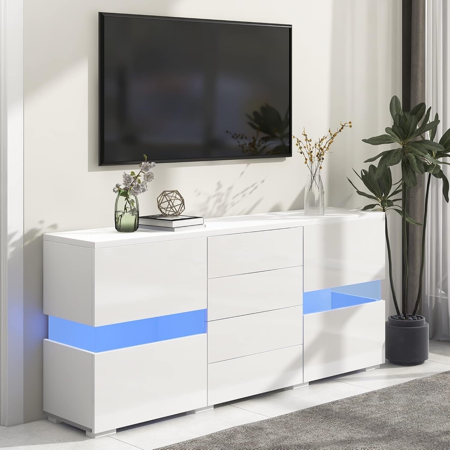 White Gloss LED Sideboard Cabinet 2 Door 4 Drawer Storage RGB USB