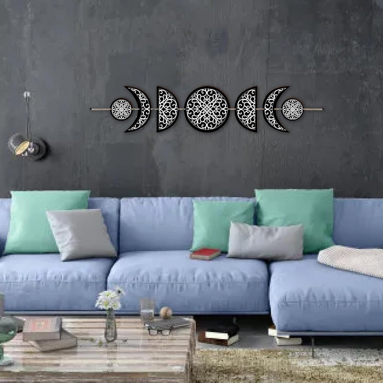 Moon Phase Wall Decor Wooden Boho 7-Piece Hanging Art 31x6.2