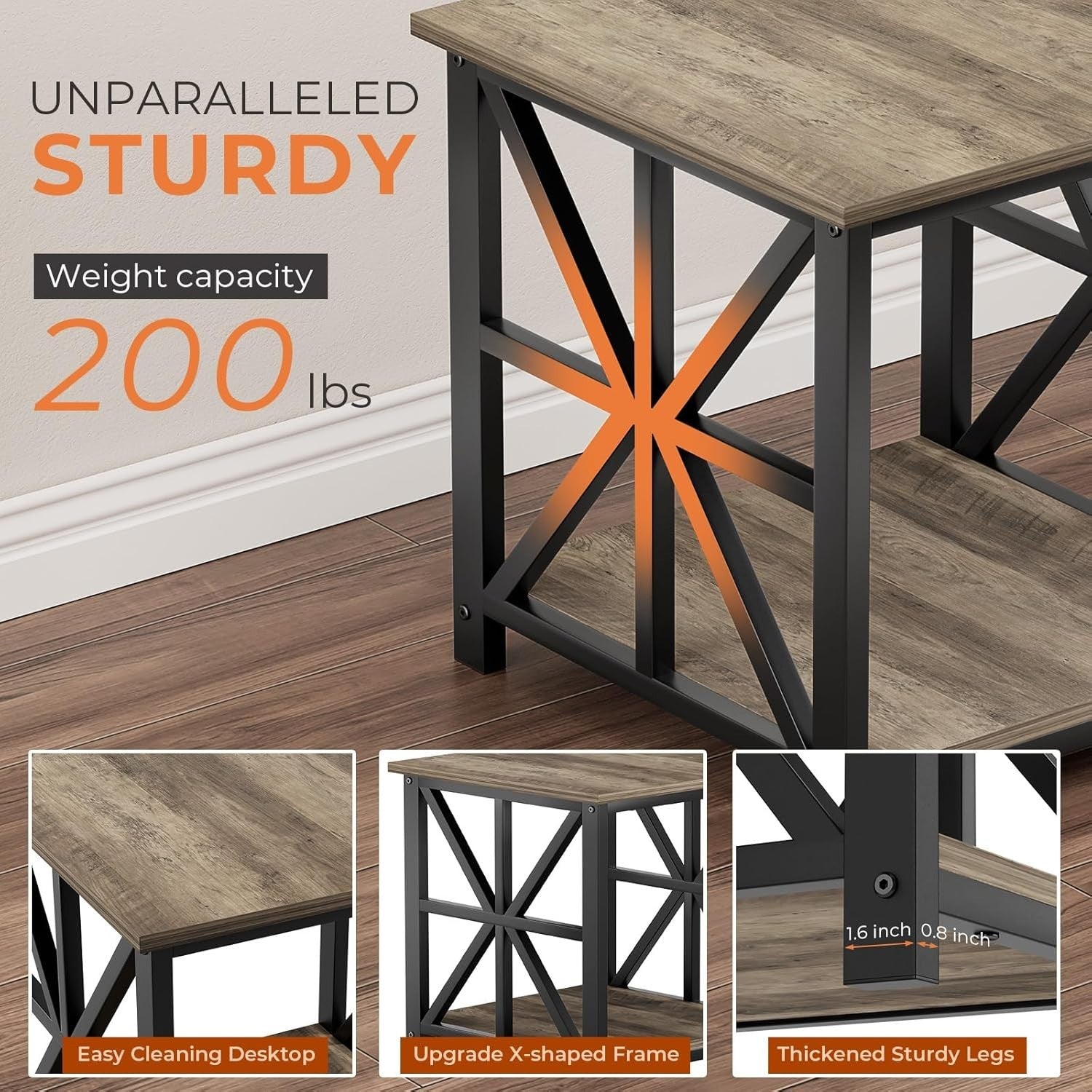 Grey Wash 2-Tier Square Side Table 60x60x60 cm | Large End Table w/ Storage