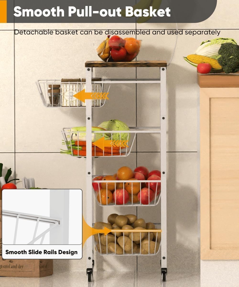 5 Tier Kitchen Storage Cart Pull Out Wire Basket Fruit Vegetable Trolley