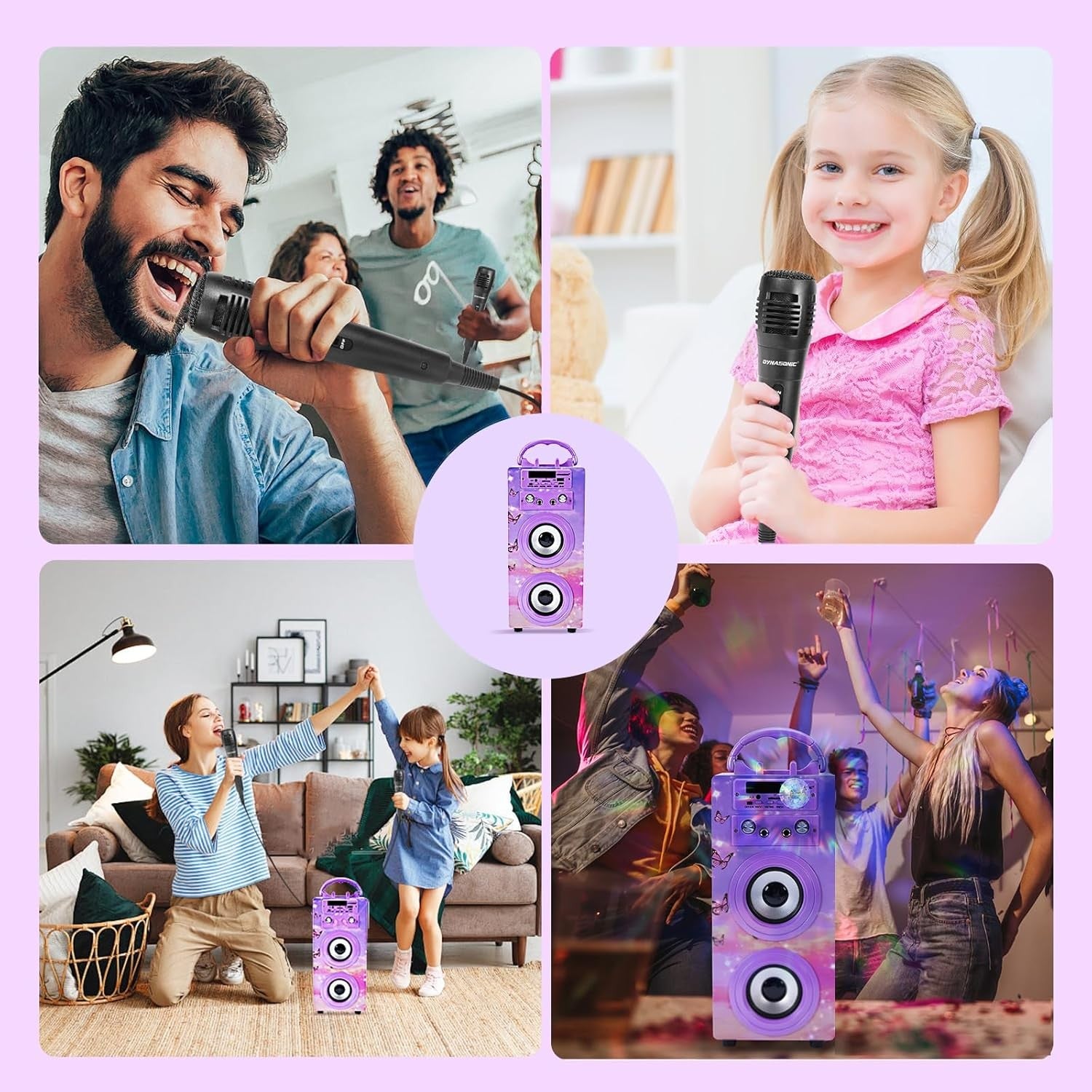 DYNASONIC Karaoke Machine Bluetooth 2 Mics LED Lights Teens